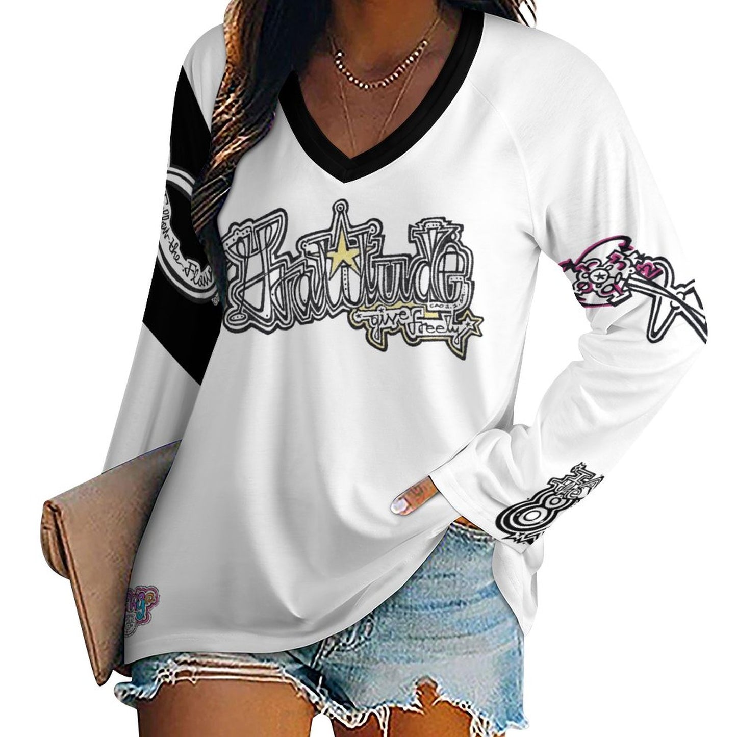 Give Gratitude Freely & Flow for Infinity!
V-neck Loose Long Sleeve T-shirt TLREV2 (All-Over Printing)