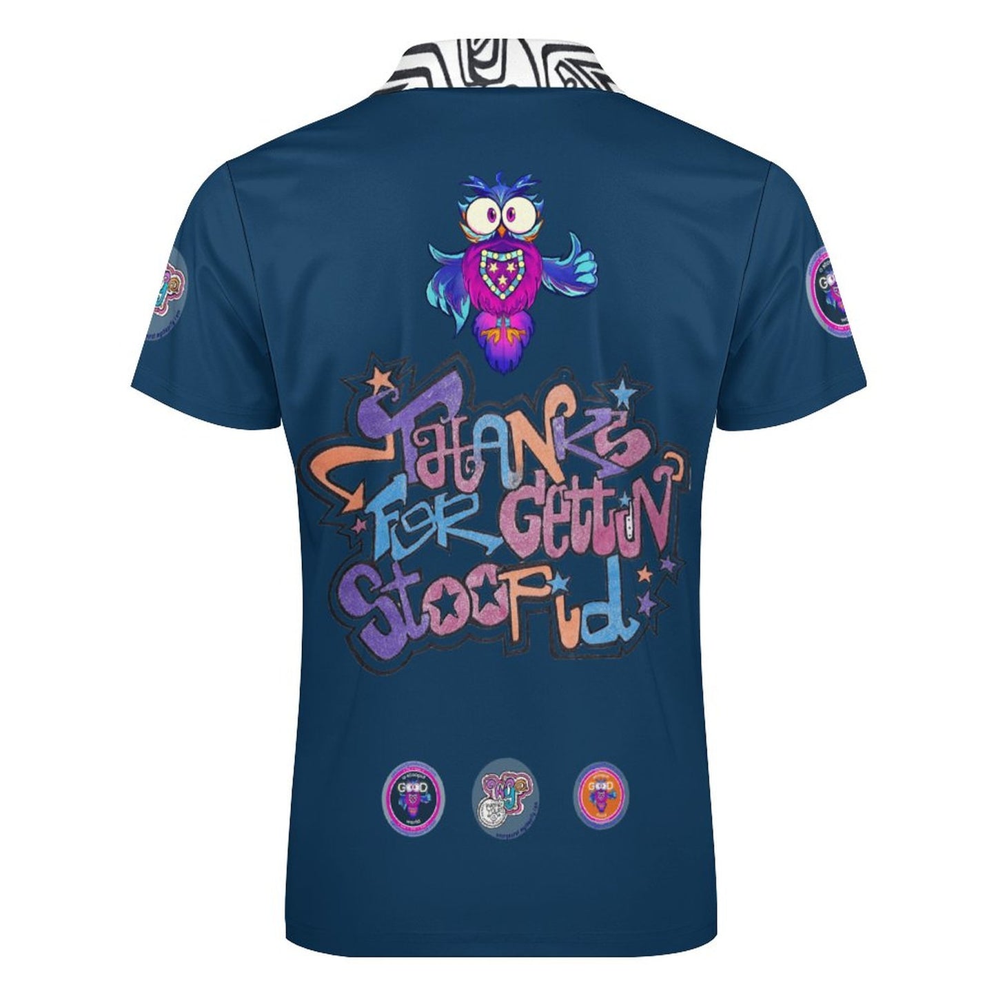 The Stoopid Good Polo. Inspired by the world within, this logo shirt covers all facets of A Stoopid Good World with an abstract colar flair- because Why Not?!