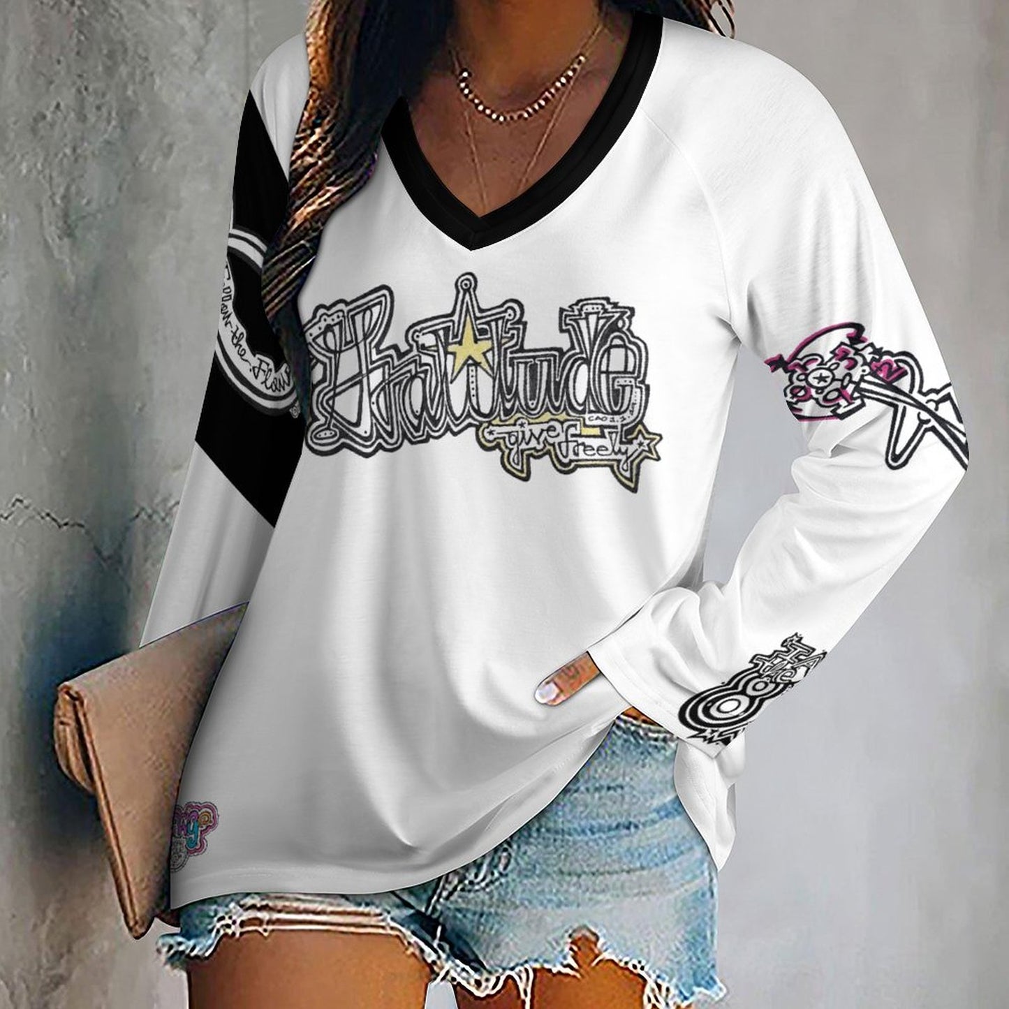 Give Gratitude Freely & Flow for Infinity!
V-neck Loose Long Sleeve T-shirt TLREV2 (All-Over Printing)