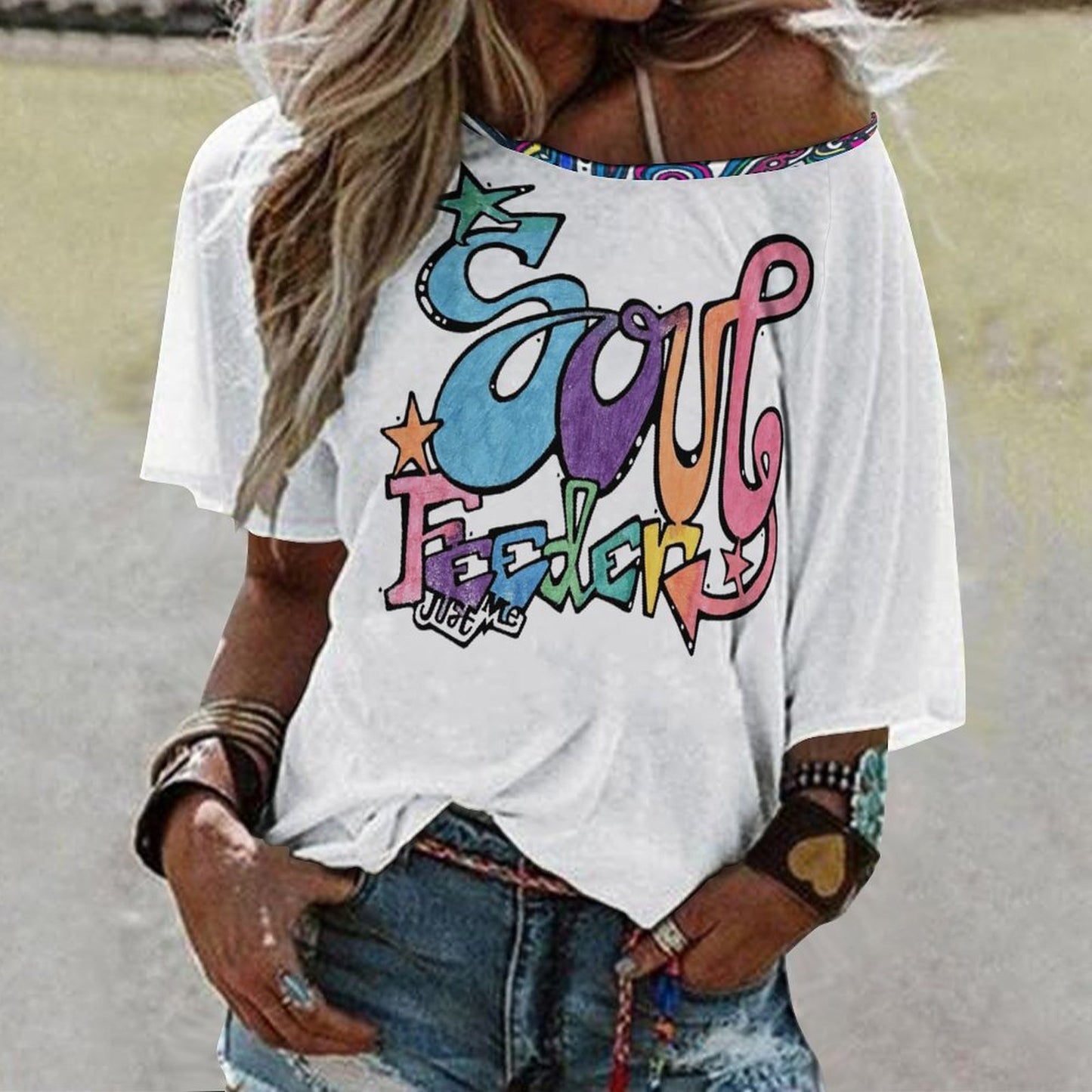 Soul Feeder Women’s Off the Shoulder Half-Sleeve T-shirt